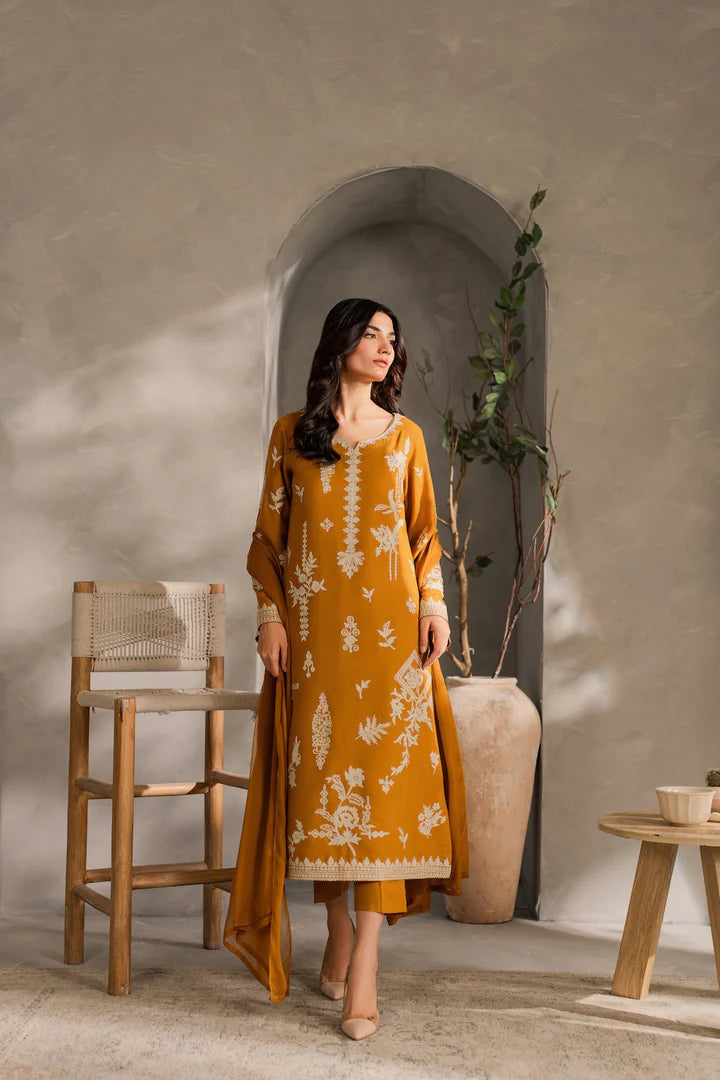 Mustard 3PC Embroidered Linen Suit 