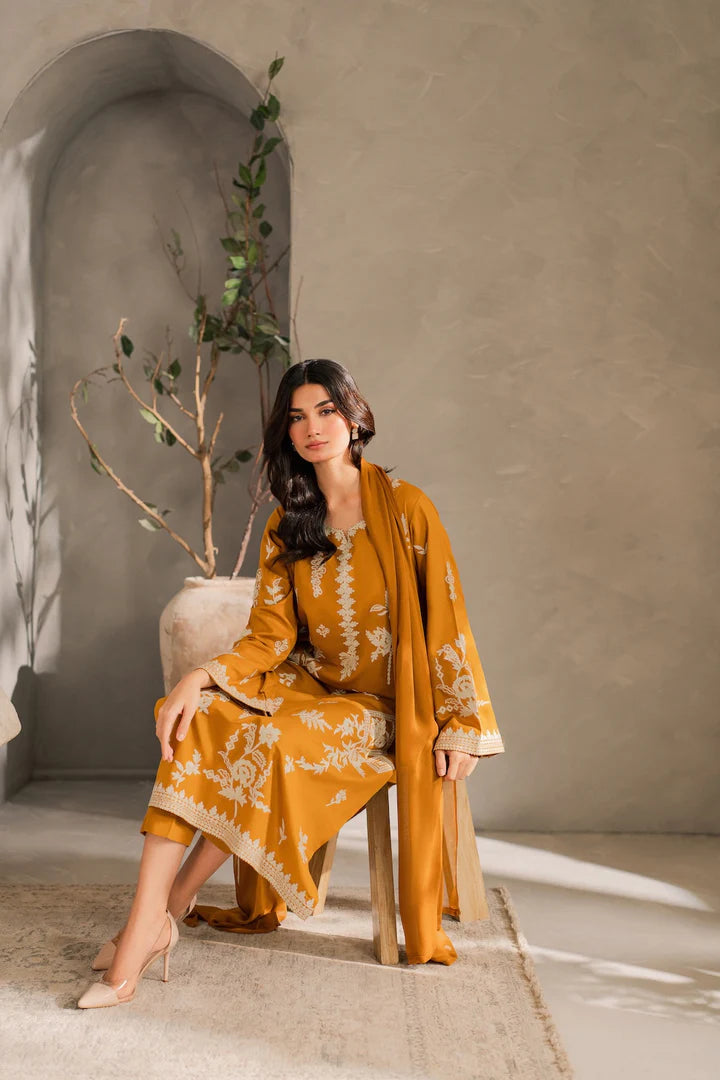 Mustard 3PC Embroidered Linen Suit 