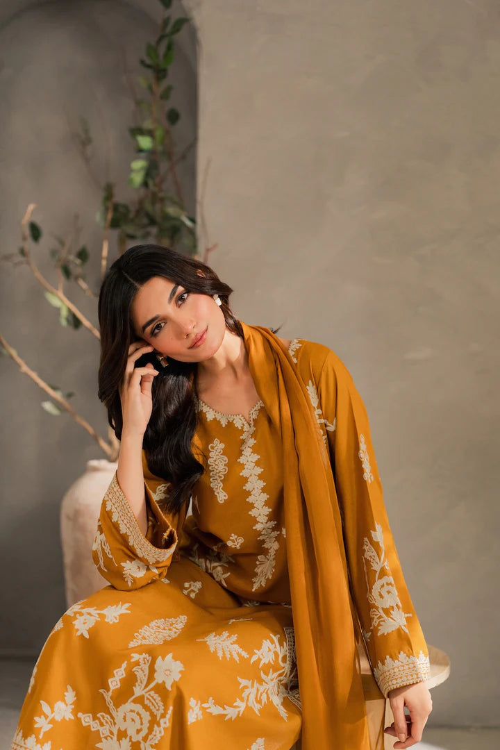 Mustard 3PC Embroidered Linen Suit 