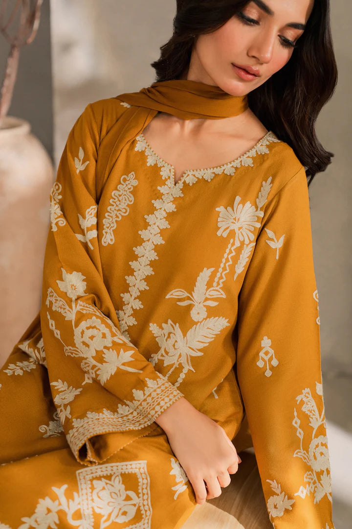 Mustard 3PC Embroidered Linen Suit 