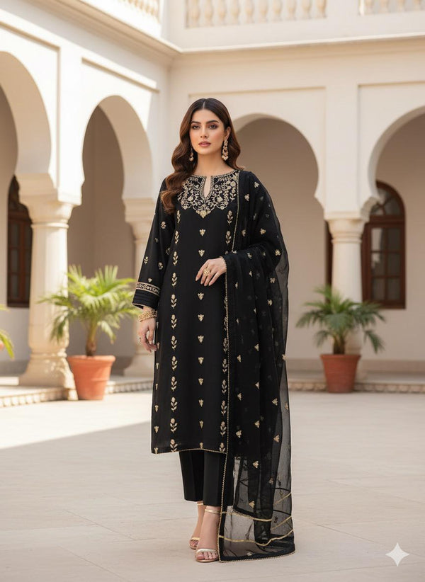 Pure Bamber Chiffon 3PC Embroidered Suit  SS