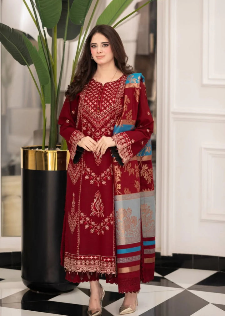 Maroon 3PC Embroidered Linen Set