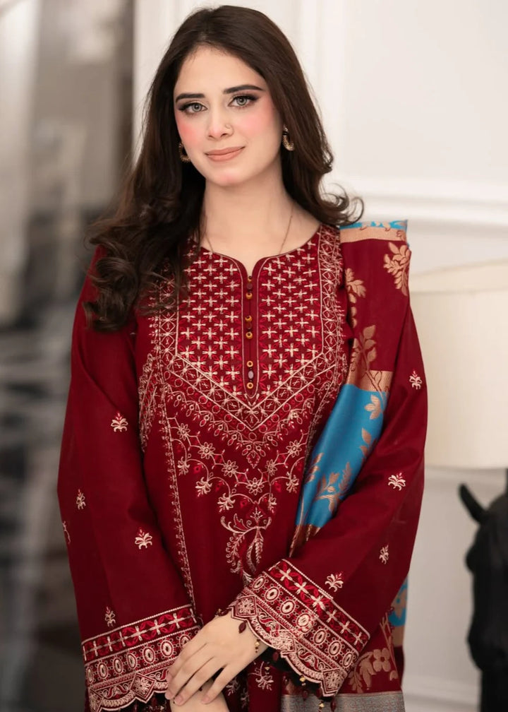 Maroon 3PC Embroidered Linen Set