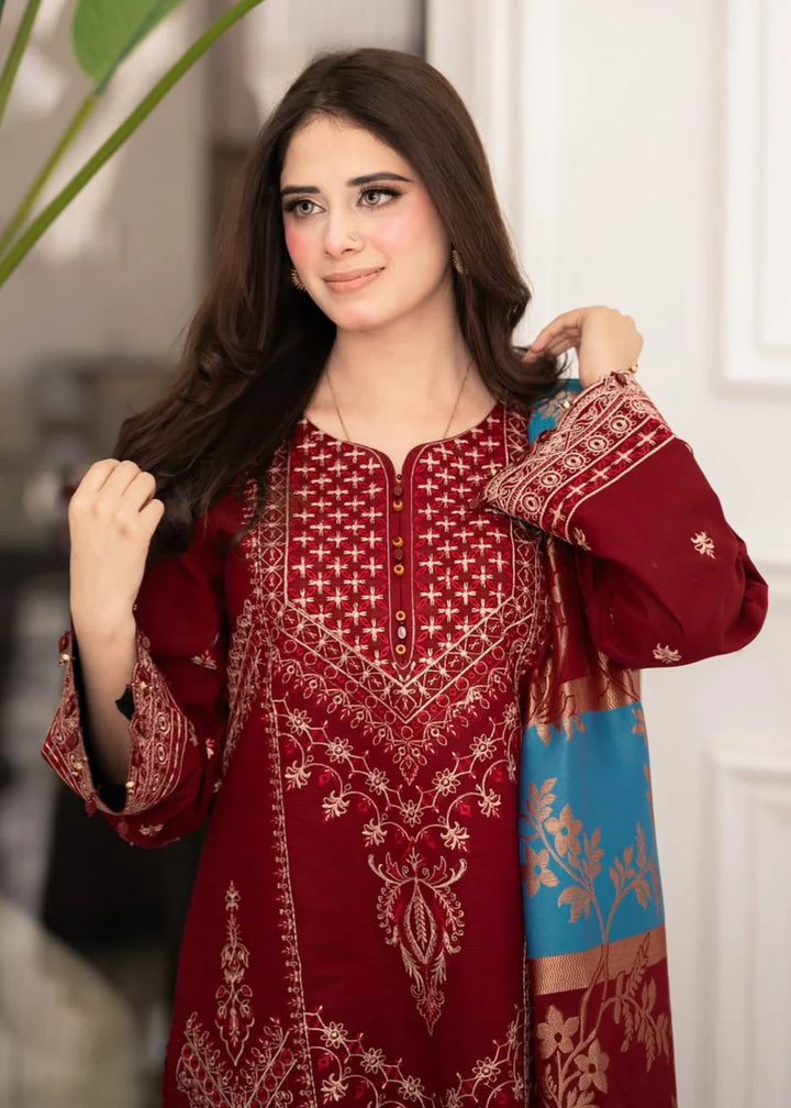 Maroon 3PC Embroidered Linen Set