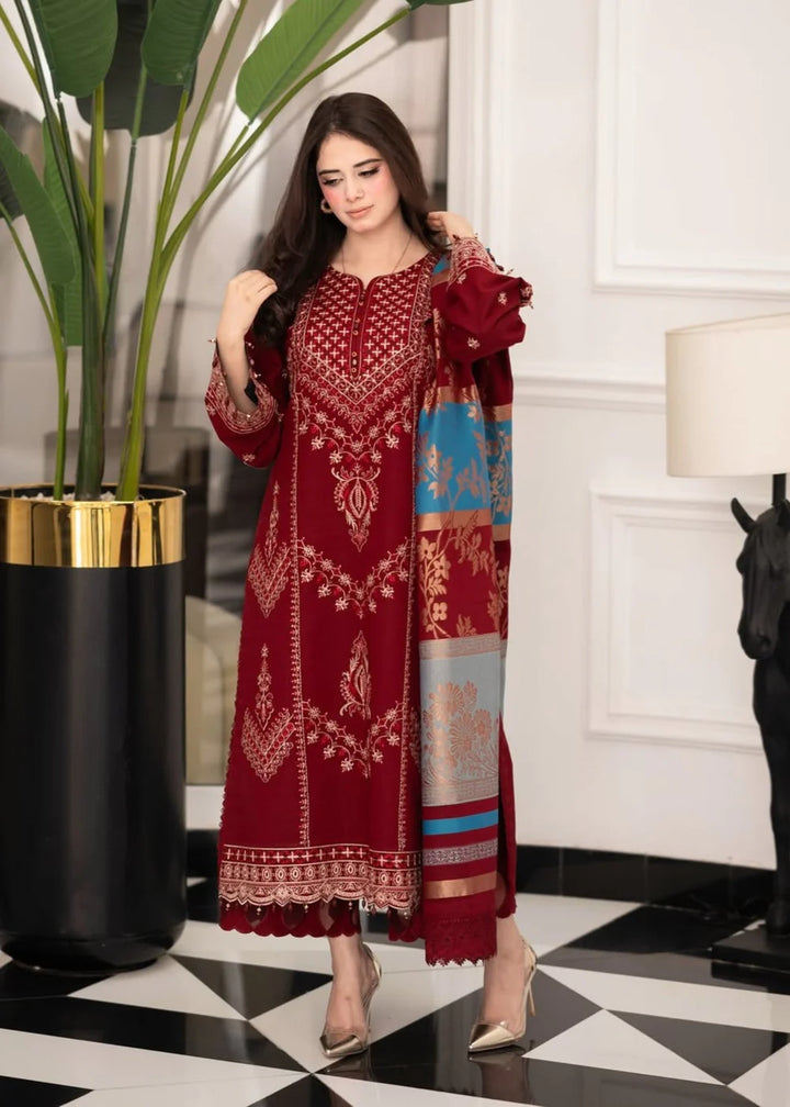 Maroon 3PC Embroidered Linen Set